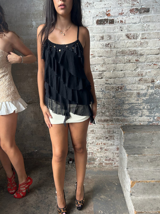 Black Ruffle Beaded Tank Top