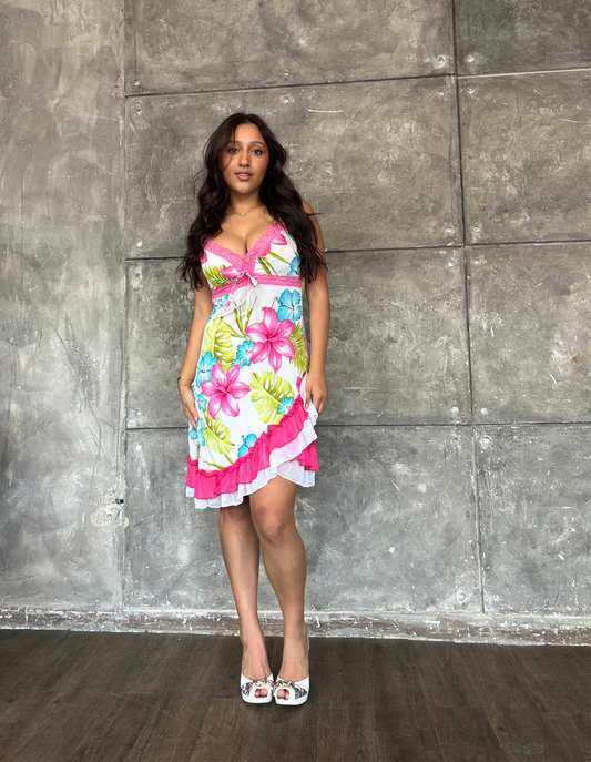 Pink Ruffle Hem Floral Dress