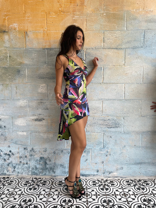 High Low Silk Floral Print Dress