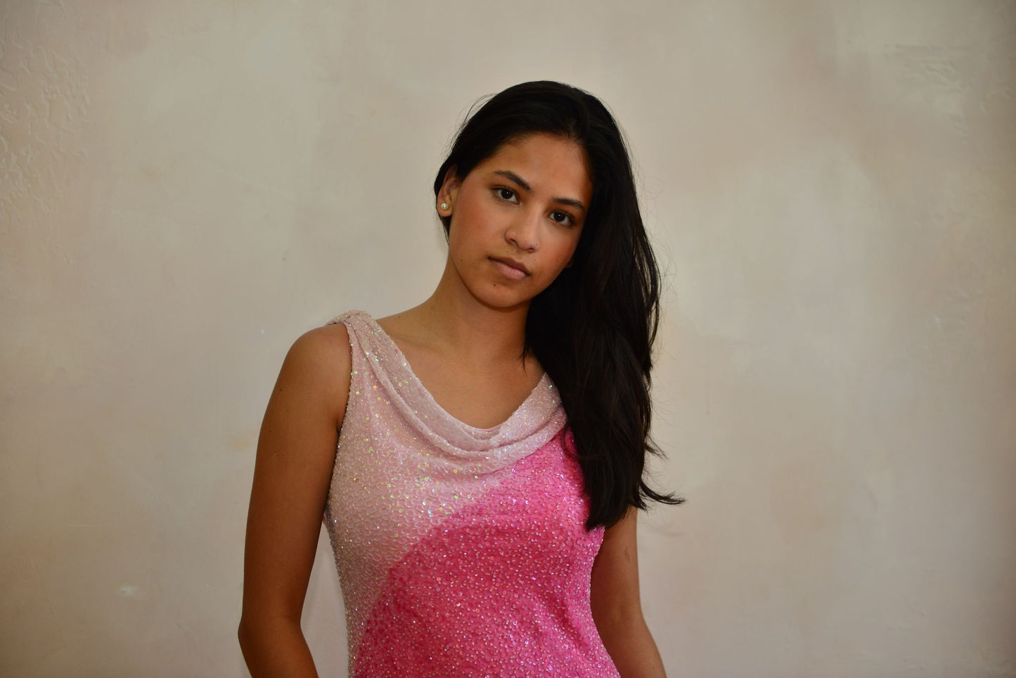 Pink Beaded Cowl Draped Gown