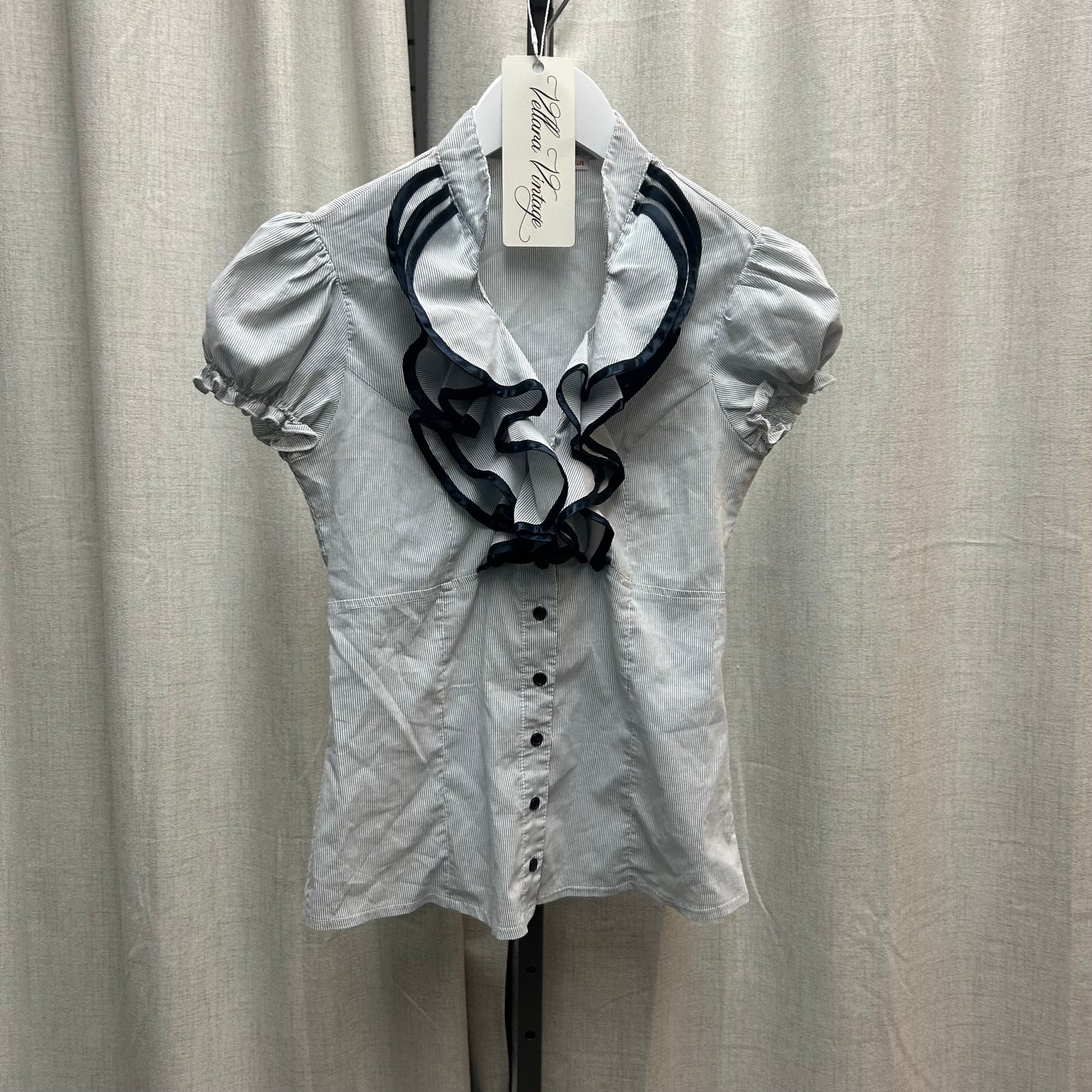 Blue and White Short Sleeve Ruffle Button Down Top