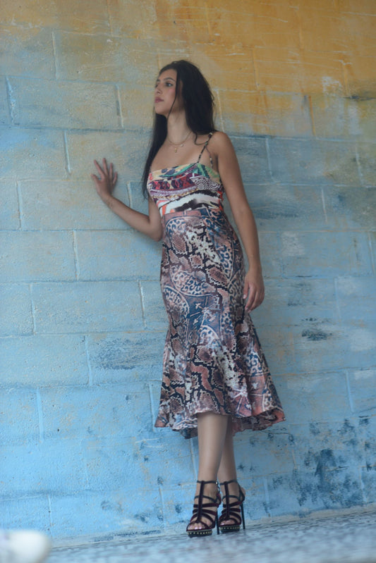 Roberto Cavalli Multicolor Snakeskin Print Silk Maxi Dress