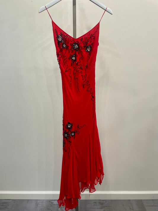 Red 100% Silk Beaded Dress