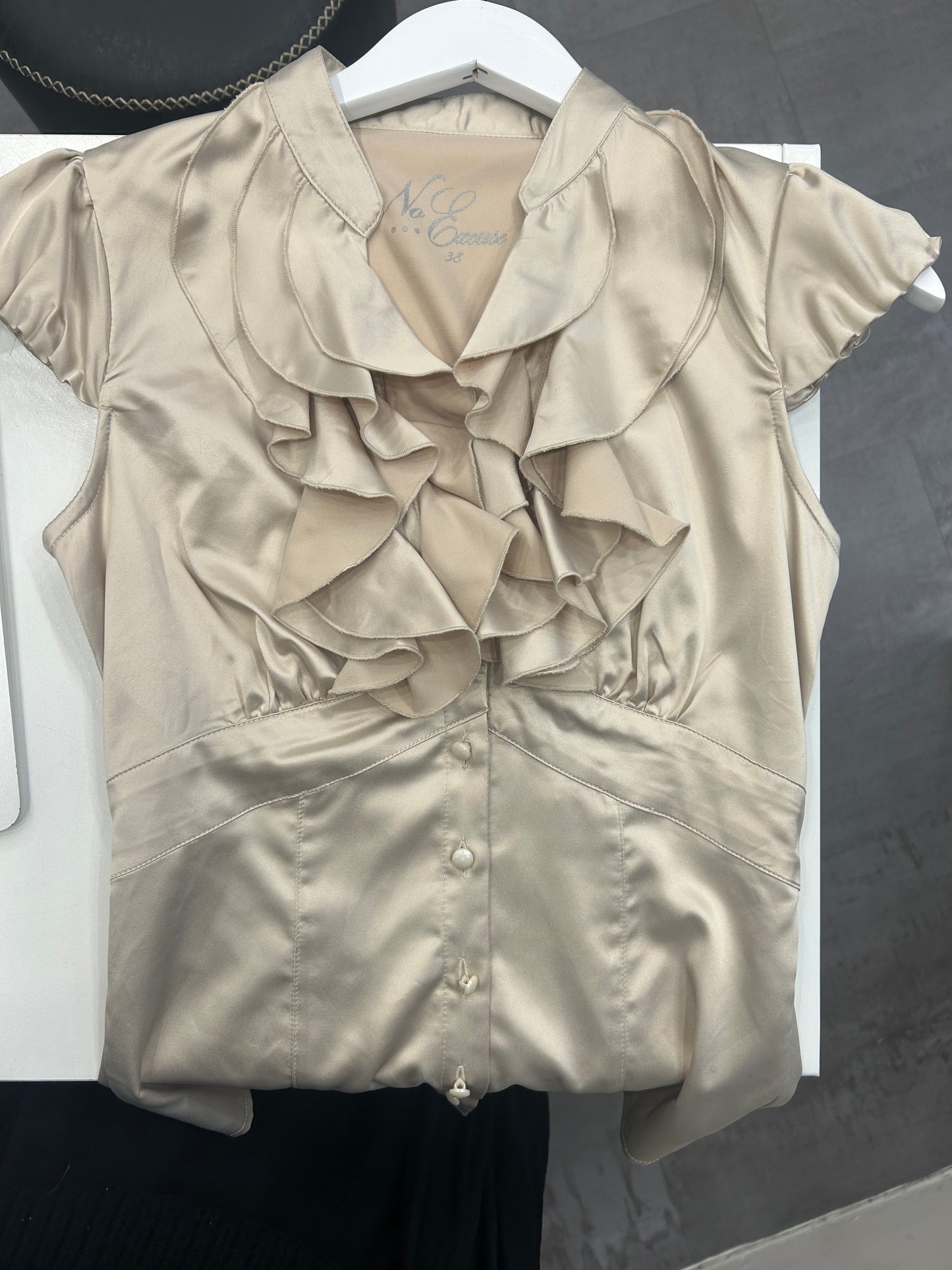 Cream Satin Ruffle Short Sleeve Button Down