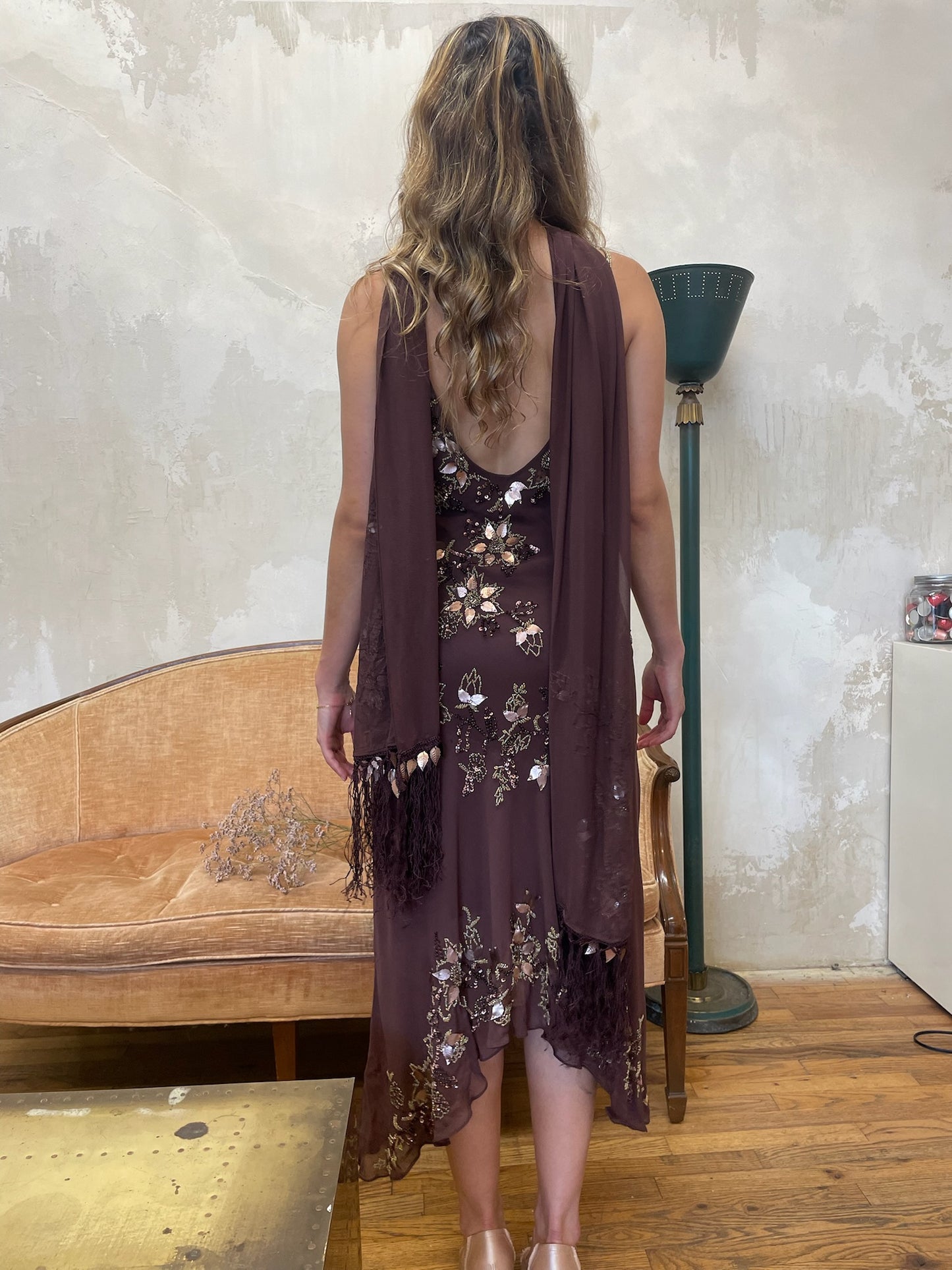 Brown 100% Silk beaded dress & scarf