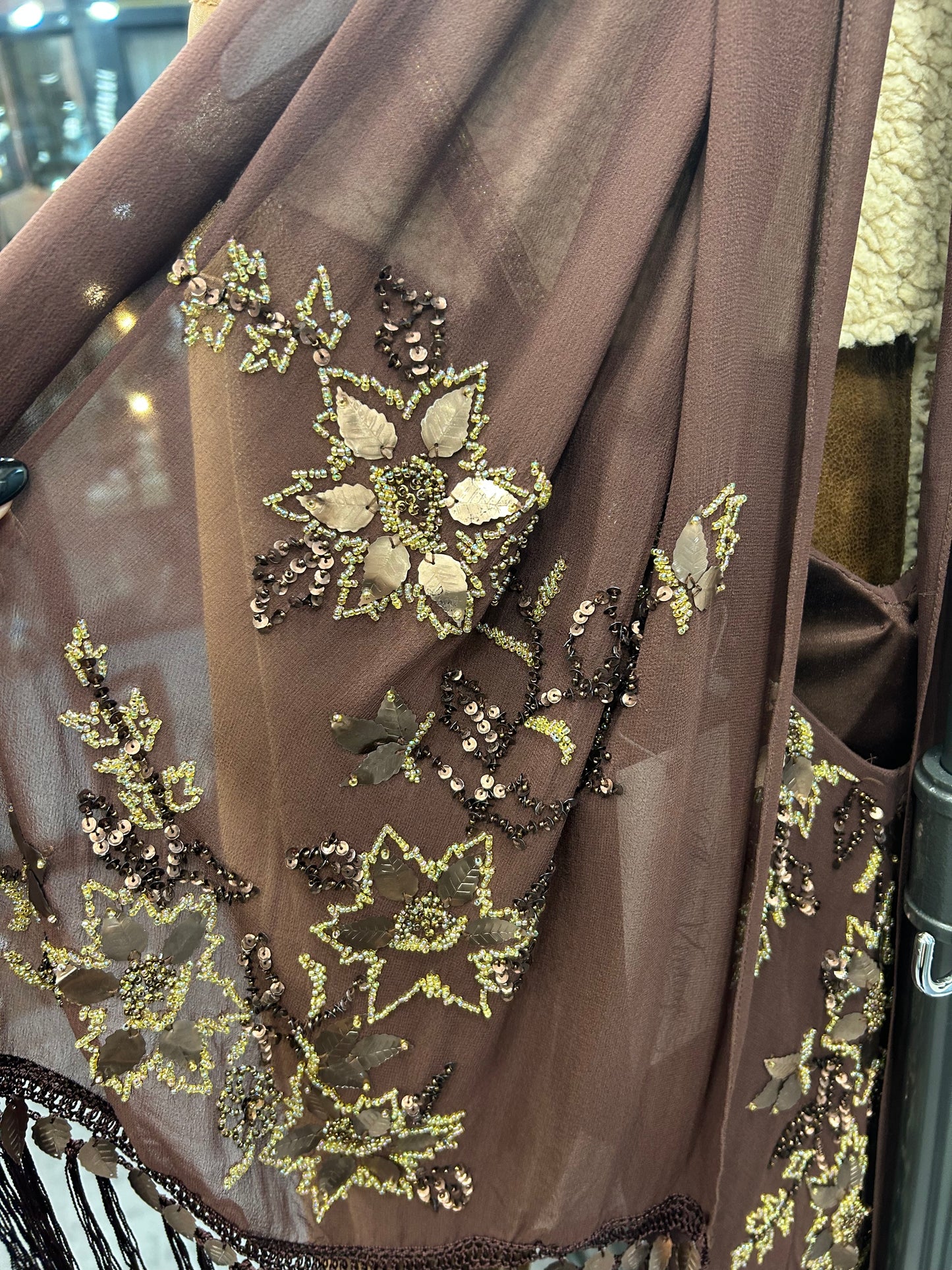 Brown 100% Silk beaded dress & scarf