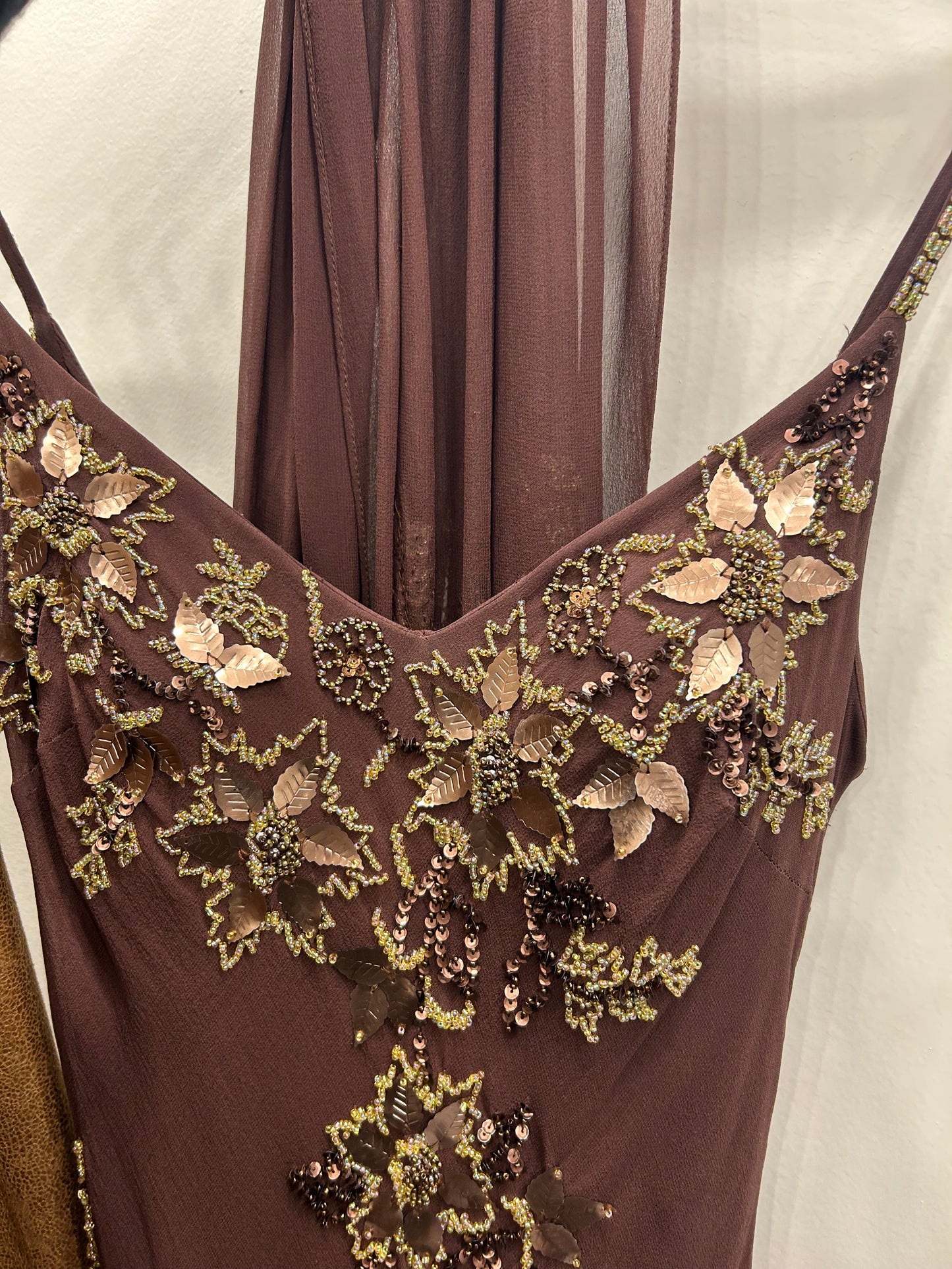 Brown 100% Silk beaded dress & scarf