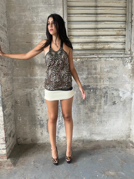 Leopard Print Silk Beaded Halter Top