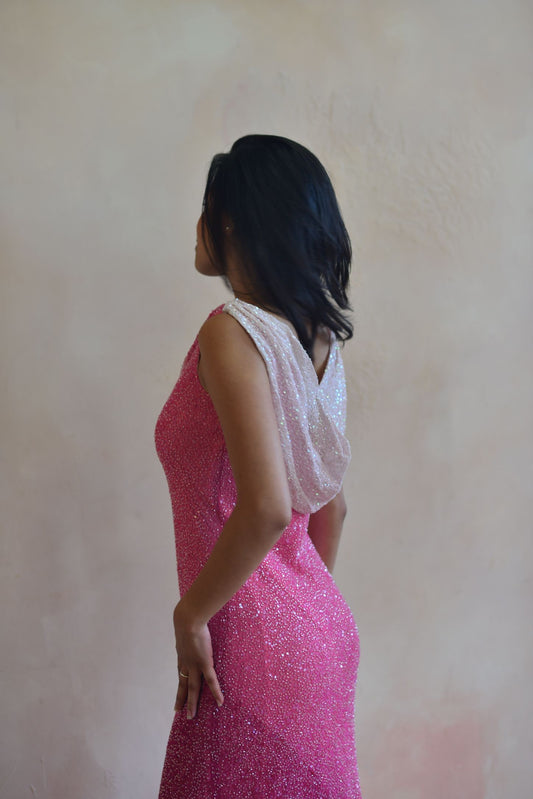 Pink Beaded Cowl Draped Gown