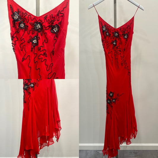 Red 100% Silk Beaded Dress