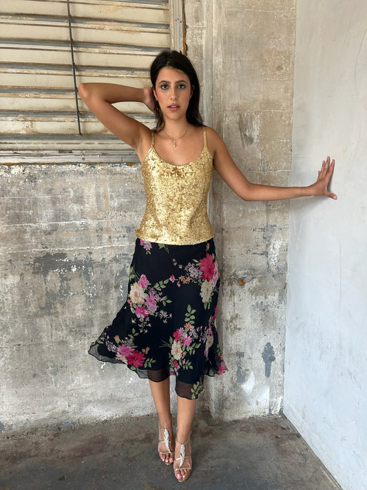 Dead-stock Silk Floral Print Midi Skirt