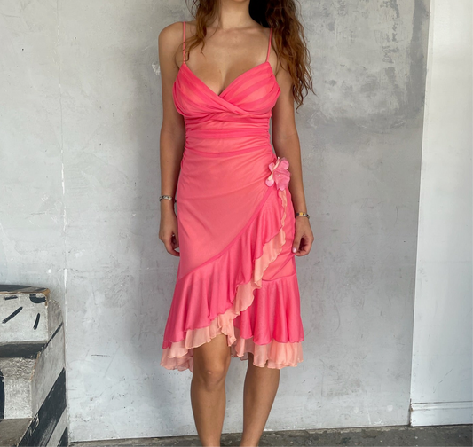 Y2k Ruffle Midi Dress with Flower Appliqué