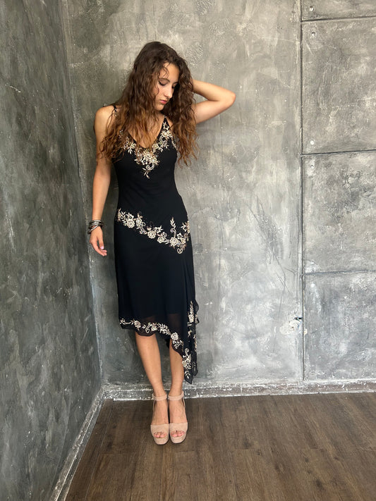 Silk Beaded Midi Dress with Asymmetrical Hem