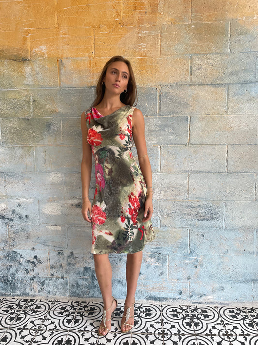 S/S 2007 Galliano Cowl Neck Floral Print Silk Velvet Dress