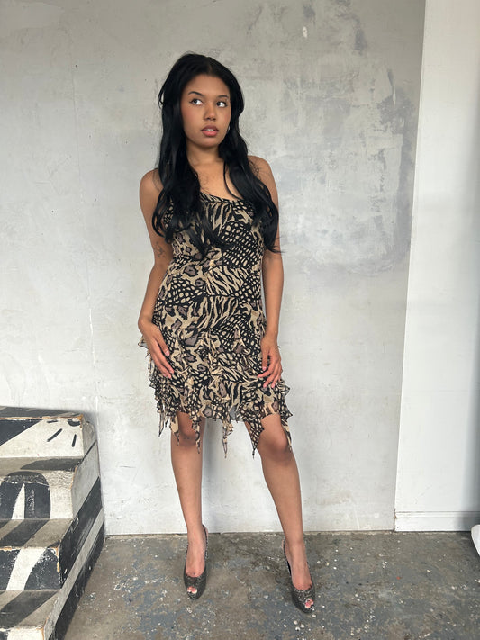Leopard Print Silk Beaded Fairy Hem Dress