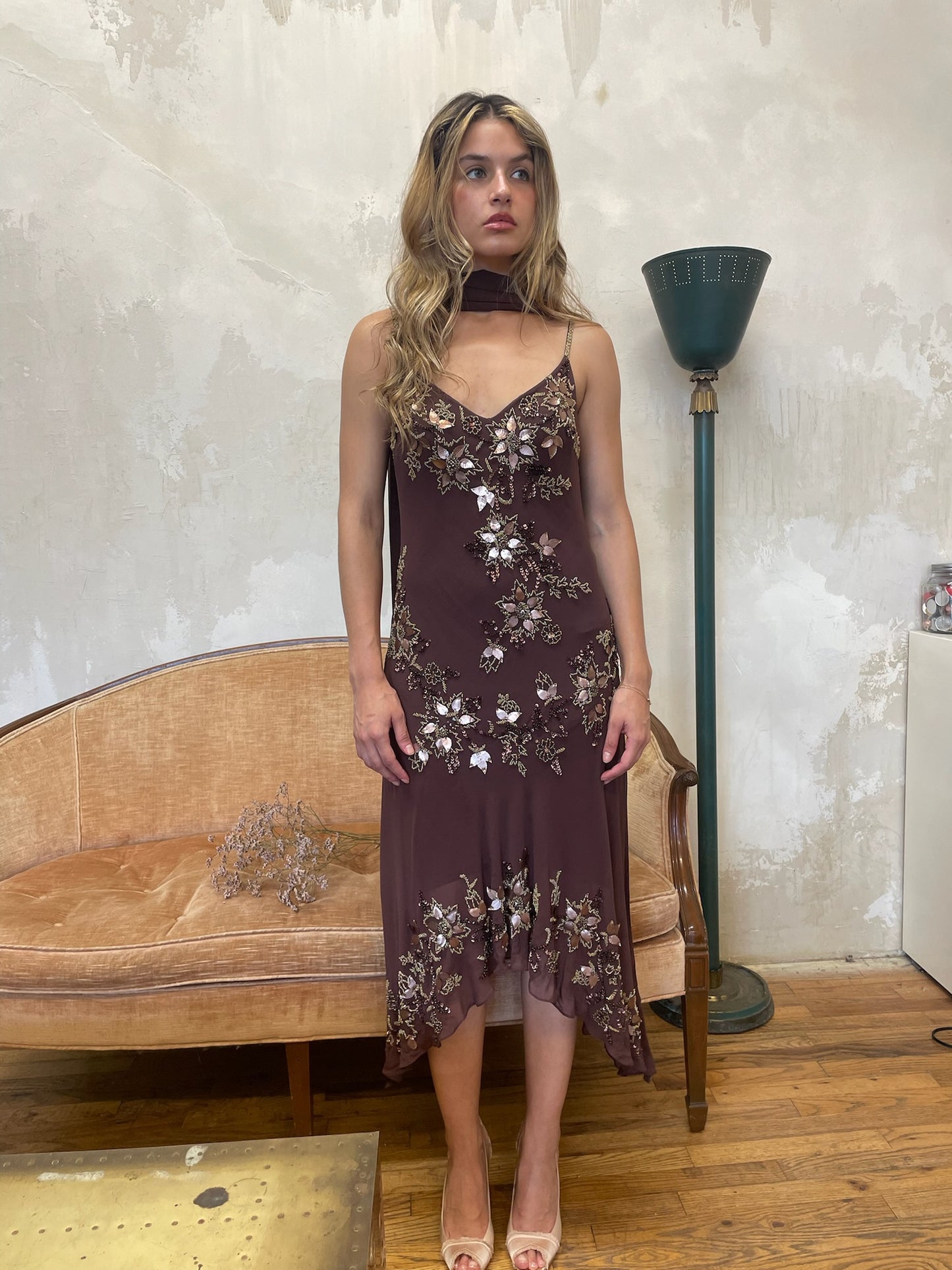 Brown 100% Silk beaded dress & scarf