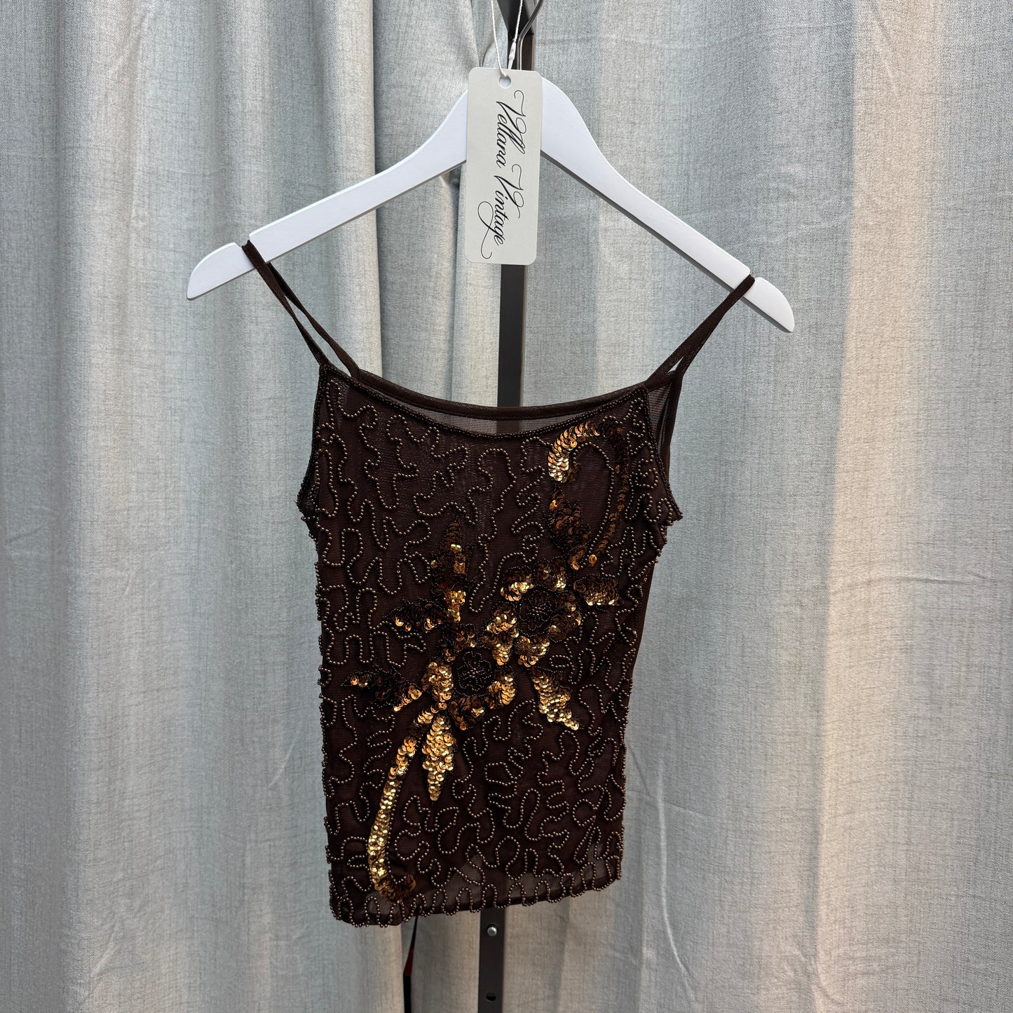 Brown Mesh Beaded Tank Top