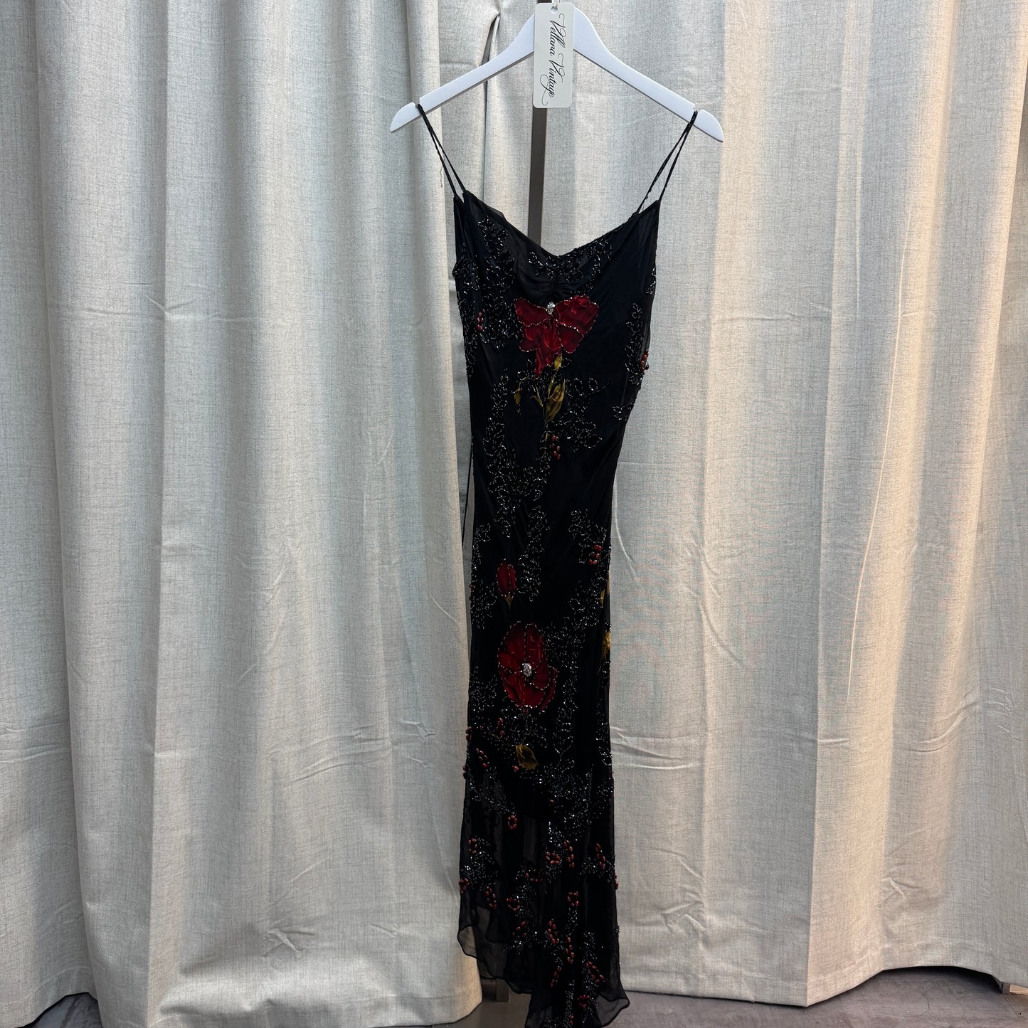 Red and Black Floral Beaded Maxi Dress