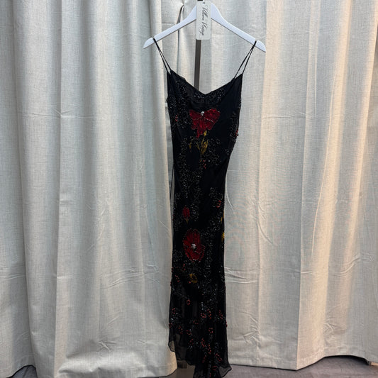 Red and Black Floral Beaded Maxi Dress