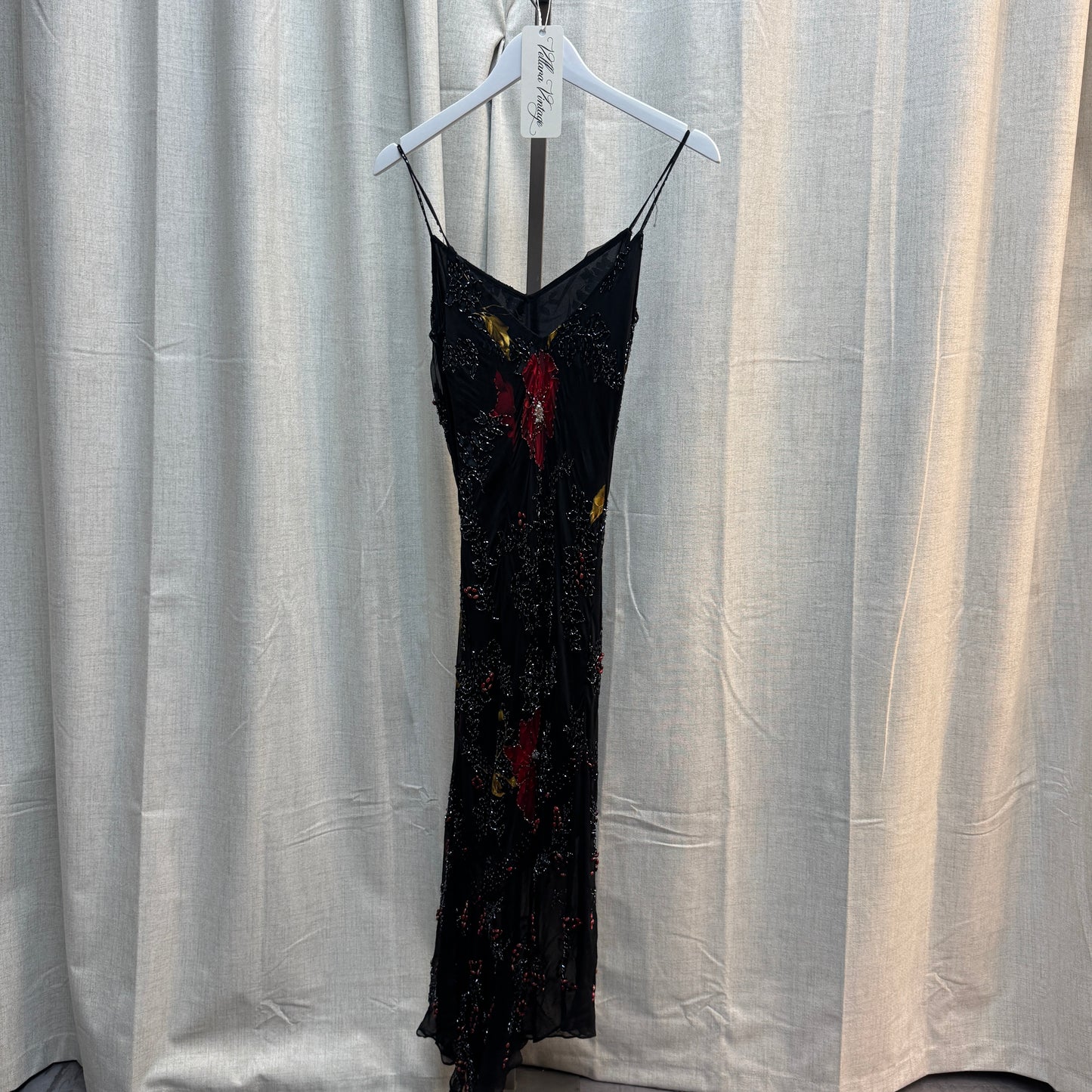 Red and Black Floral Beaded Maxi Dress