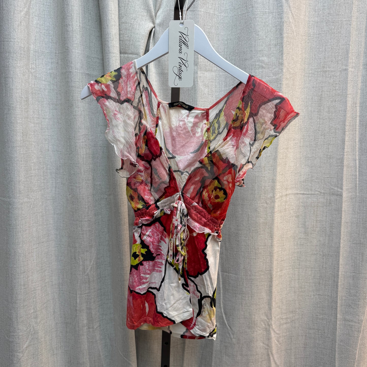 Roberto Cavalli S/S 2005 Silk Floral Ruffle Sleeve Top