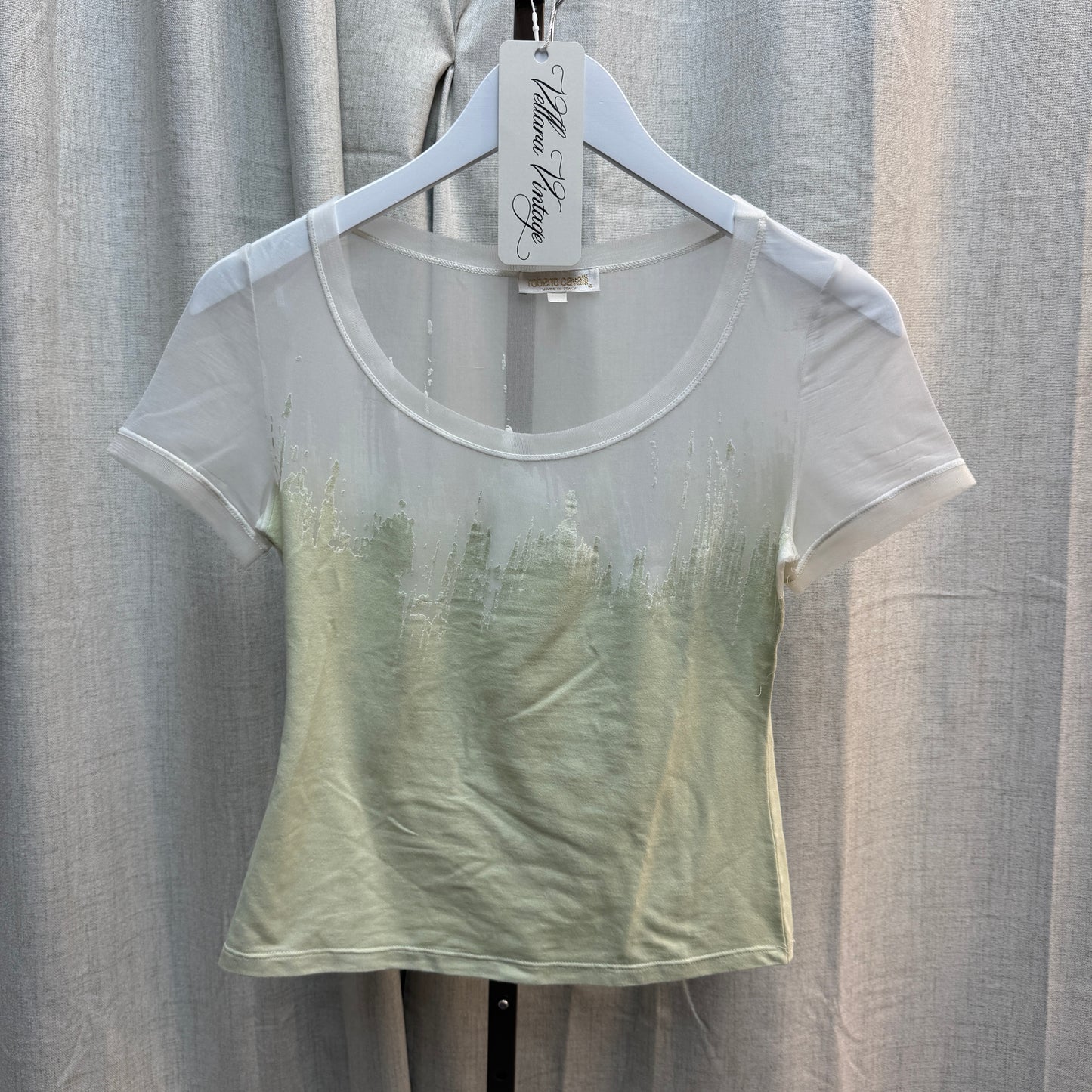 Roberto Cavalli Green 'Brushstroke' Velvet/Mesh Top