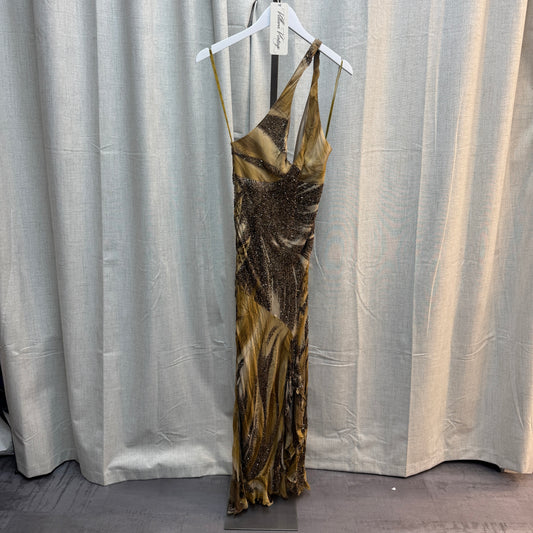 Tan Animal Print One Shoulder Beaded Maxi Dress