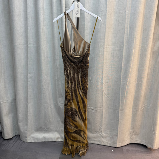 Tan Animal Print One Shoulder Beaded Maxi Dress