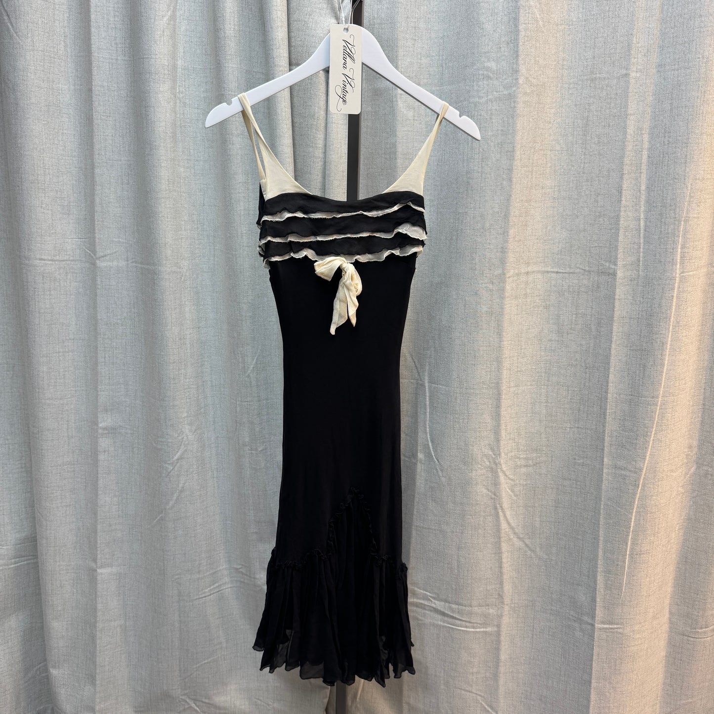 MNG Paris Silk Ruffle Black and White Midi Dress