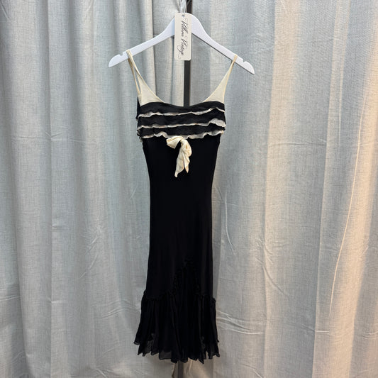 MNG Paris Silk Ruffle Black and White Midi Dress