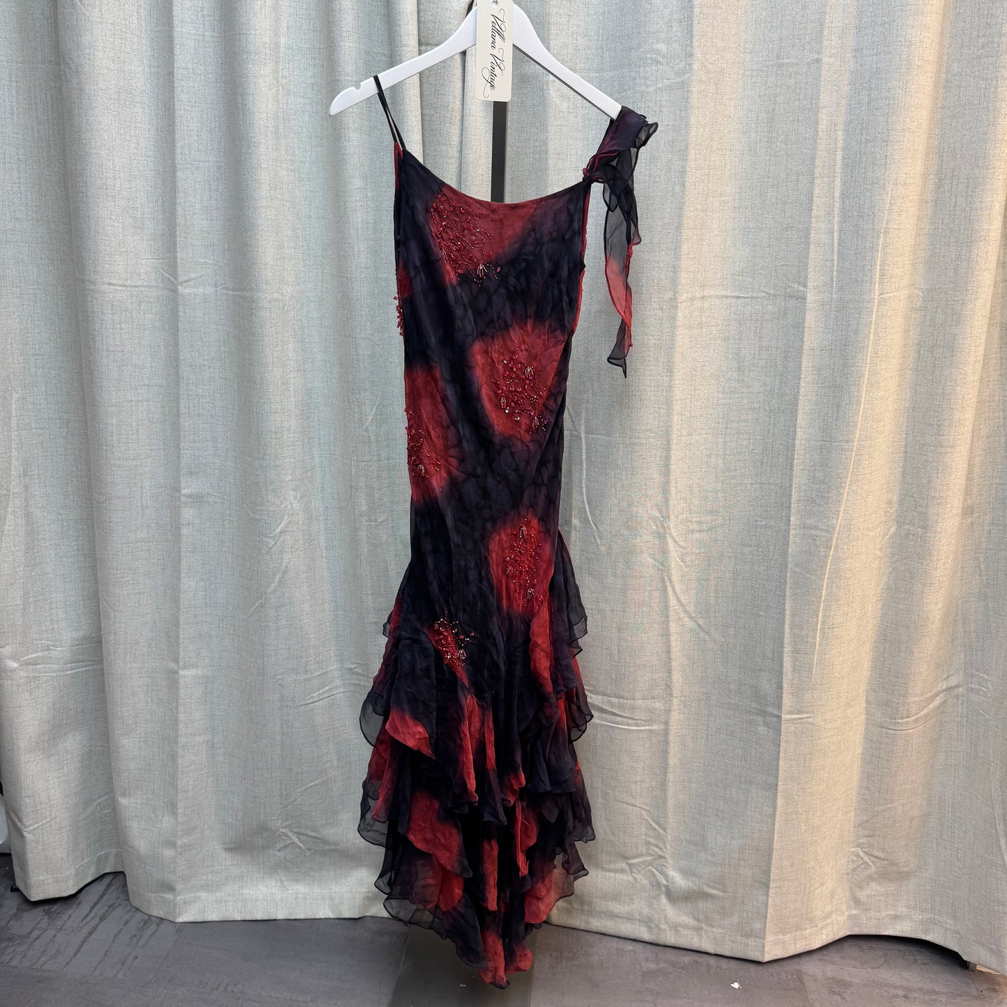 Red and Black Ruffle Layered Beaded Silk Maxi Dress