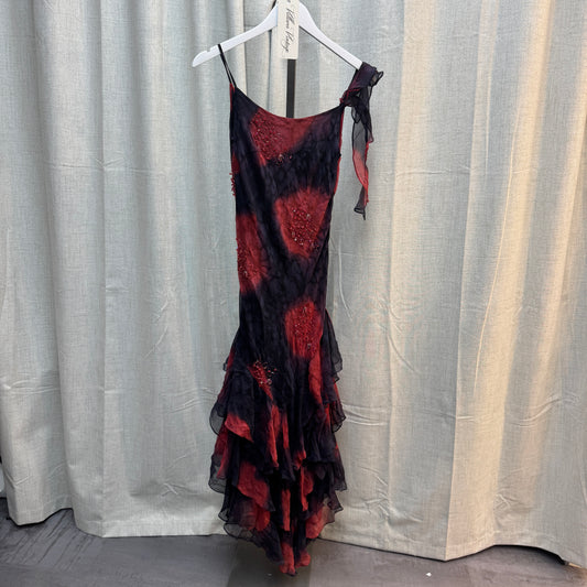 Red and Black Ruffle Layered Beaded Silk Maxi Dress