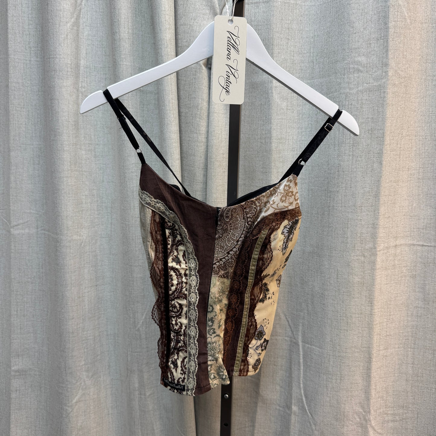 Brown Patterned Patchwork Zip-Up Corset-Style Tank Top