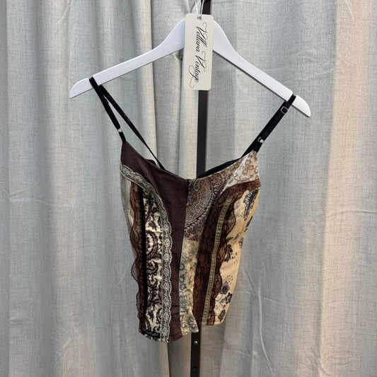 Brown Patterned Patchwork Zip-Up Corset-Style Tank Top
