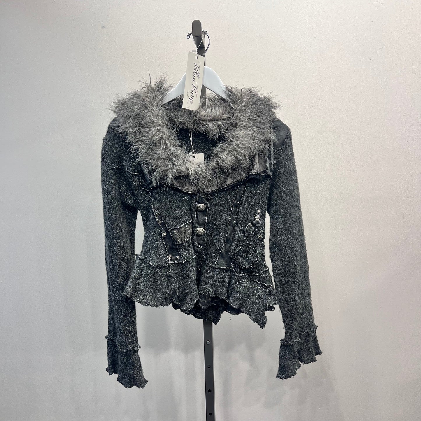 Grey Fur Trim Studded Sweater