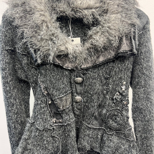 Grey Fur Trim Studded Sweater