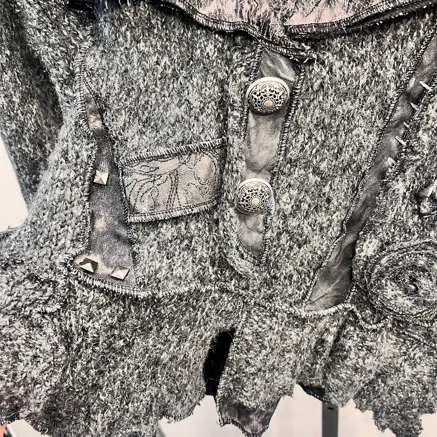 Grey Fur Trim Studded Sweater