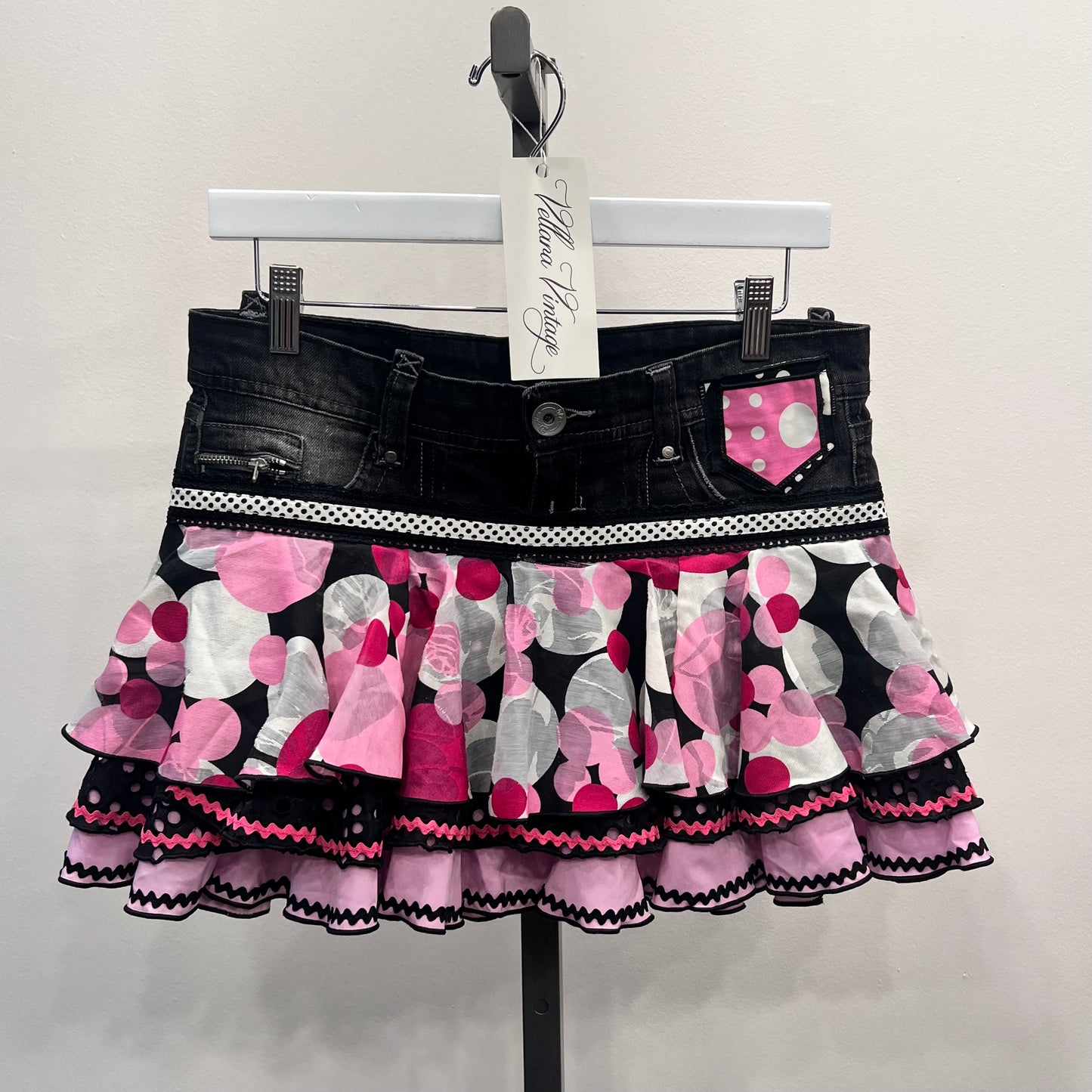 Black & Pink Polka Dot Mini Denim Skirt