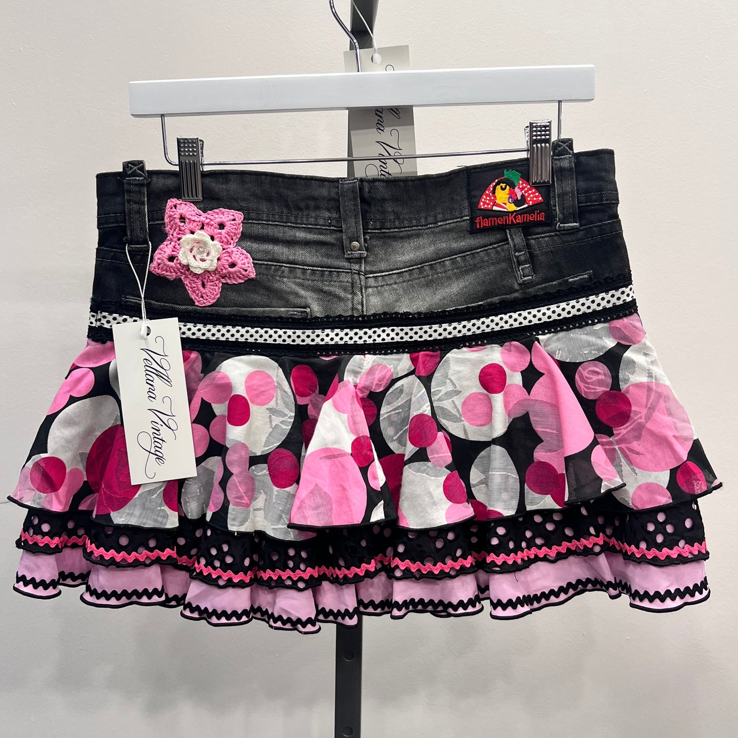 Black & Pink Polka Dot Mini Denim Skirt