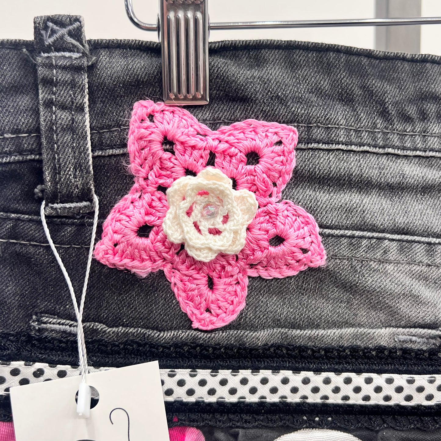 Black & Pink Polka Dot Mini Denim Skirt