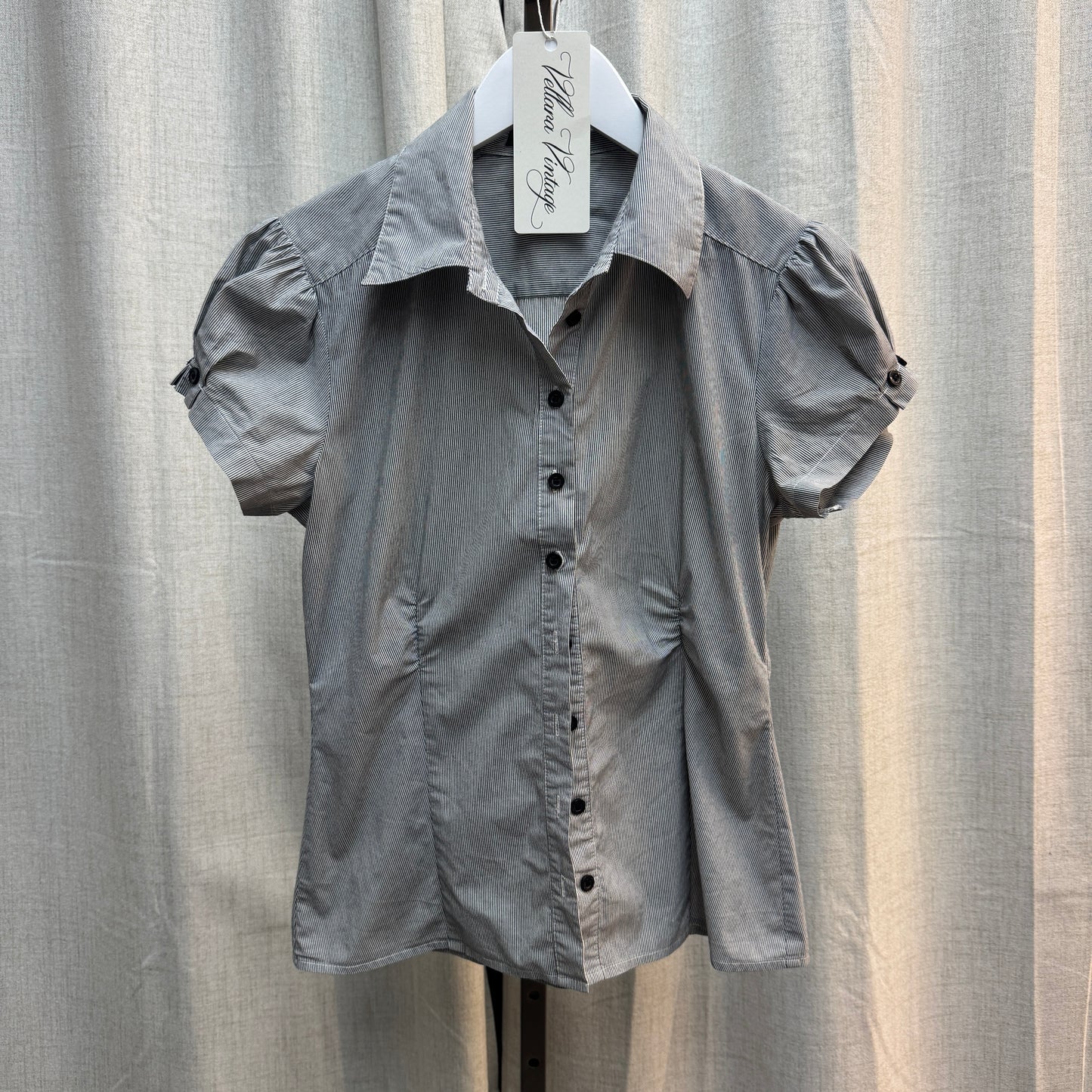 Morgan de Toi Striped Cap Short Sleeve Button Down Blouse