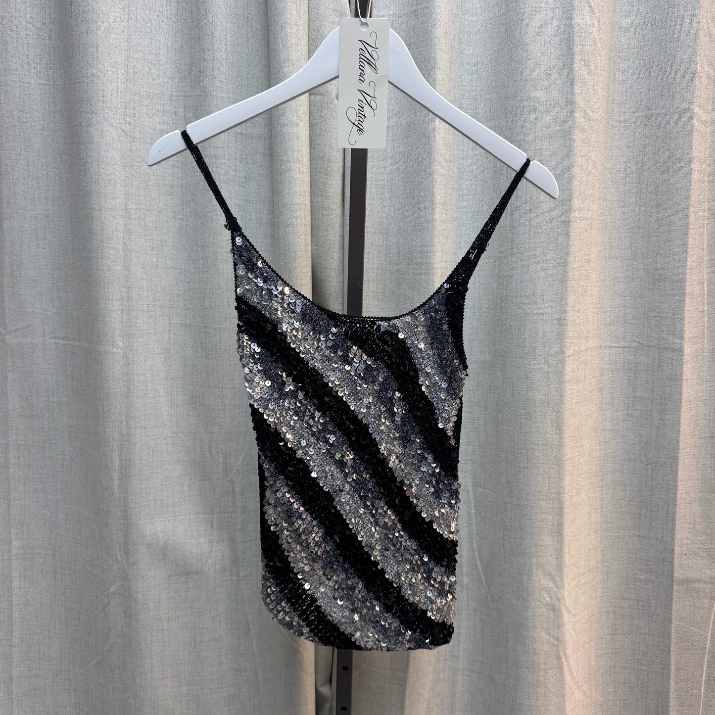 Black and Silver Diagonal Striped Sequin Crochet Top