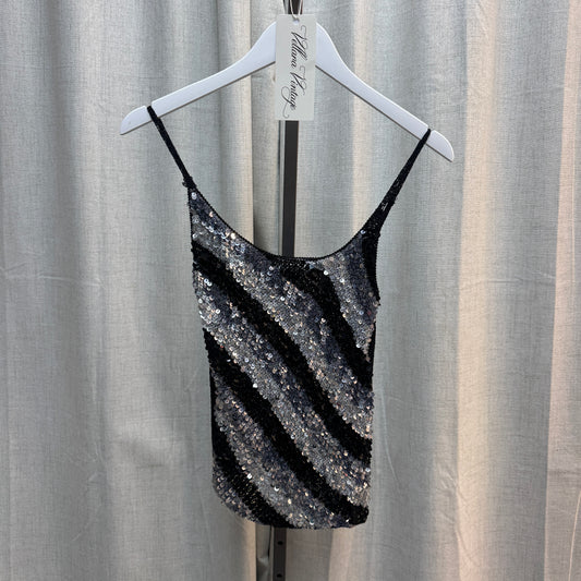 Black and Silver Diagonal Striped Sequin Crochet Top