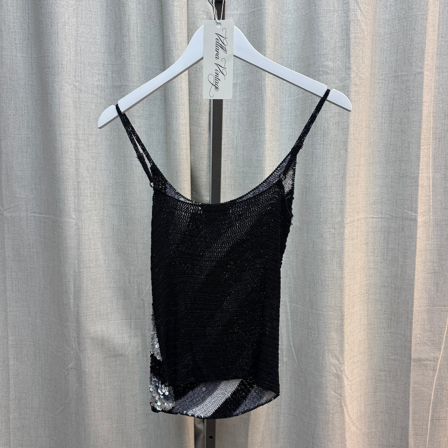 Black and Silver Diagonal Striped Sequin Crochet Top