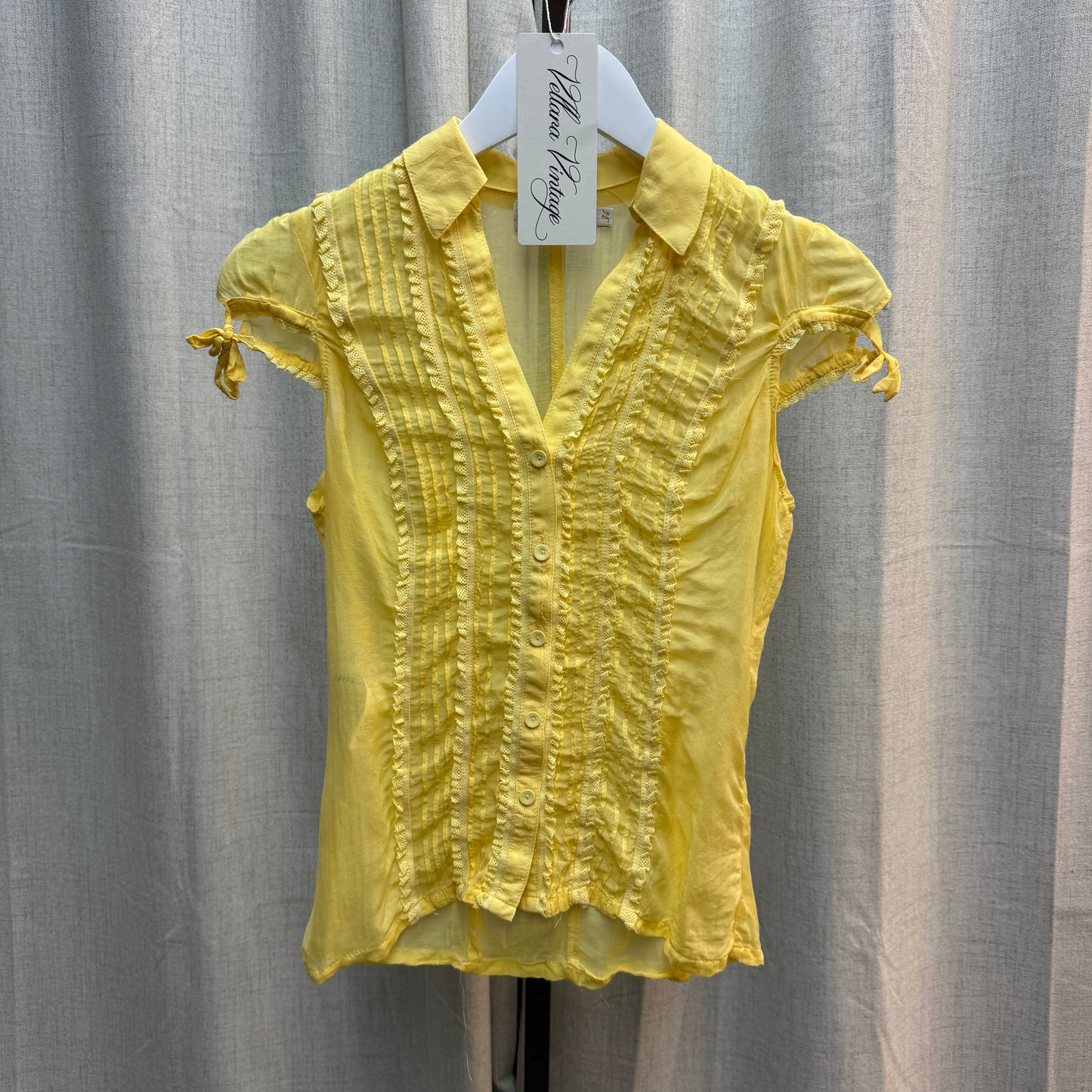 Yellow Sheer Ruffle Button Up Short Sleeve Blouse