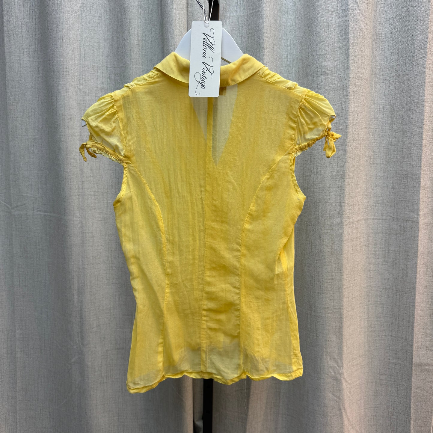 Yellow Sheer Ruffle Button Up Short Sleeve Blouse
