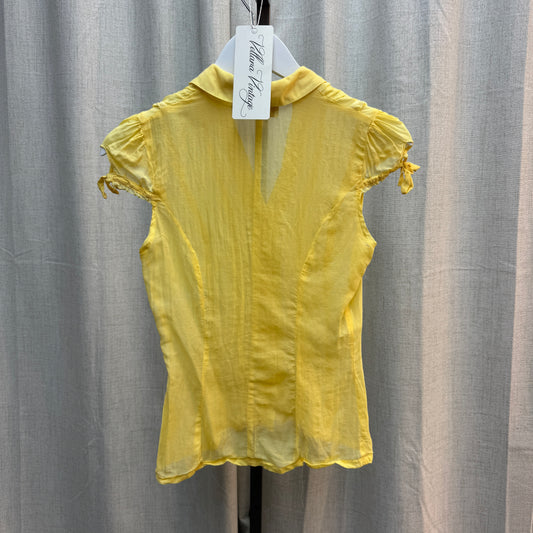 Yellow Sheer Ruffle Button Up Short Sleeve Blouse
