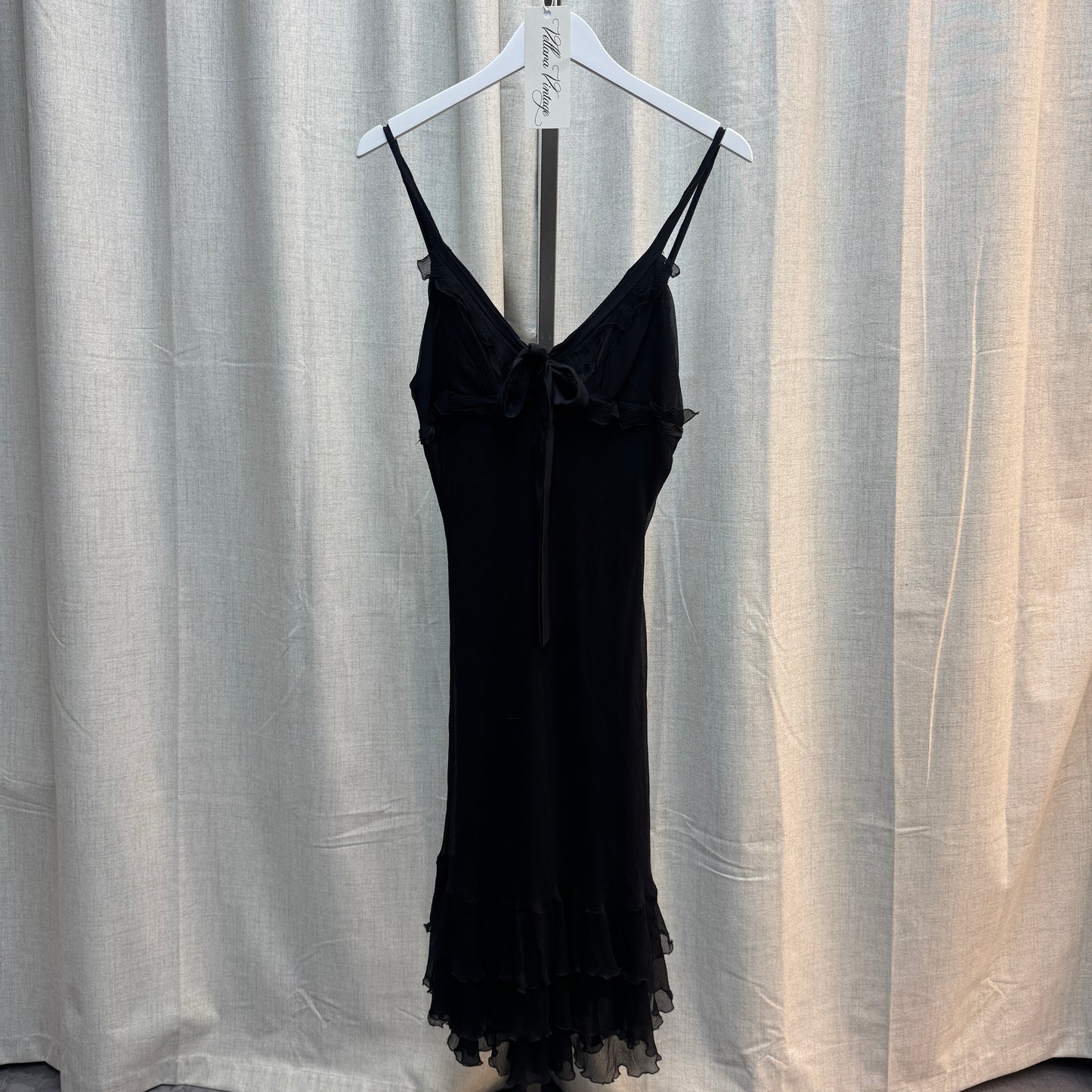 Paola Frani Black Silk Ruffle Bow Tie Midi Dress