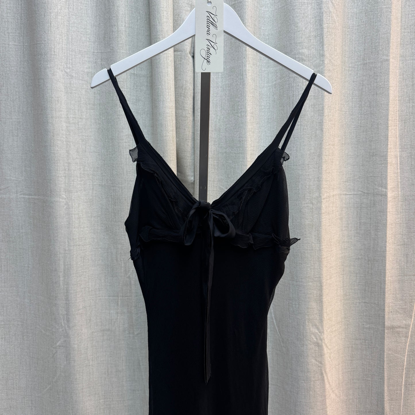 Paola Frani Black Silk Ruffle Bow Tie Midi Dress