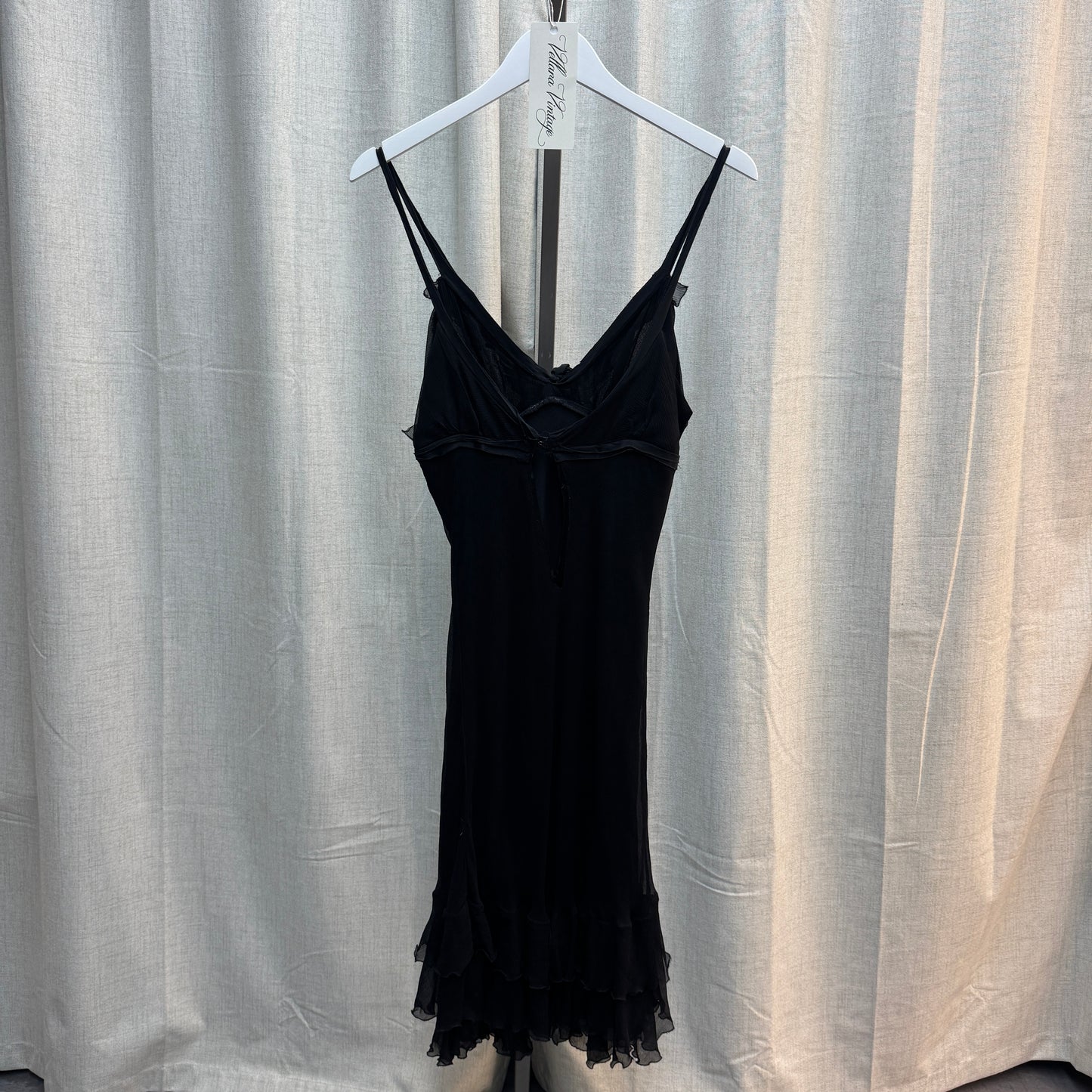 Paola Frani Black Silk Ruffle Bow Tie Midi Dress
